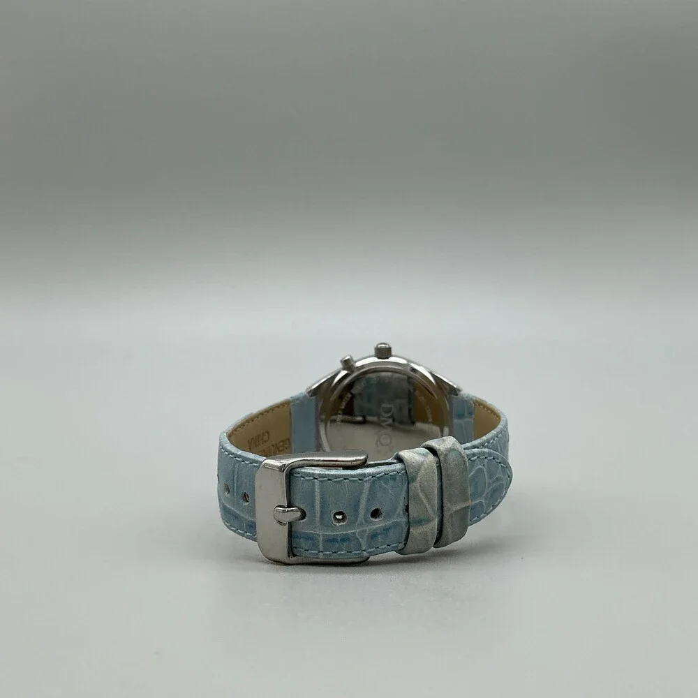 DMQ QVC Womens Watch 32mm Blue Silver Tone Crystal Day Date Leather New Battery